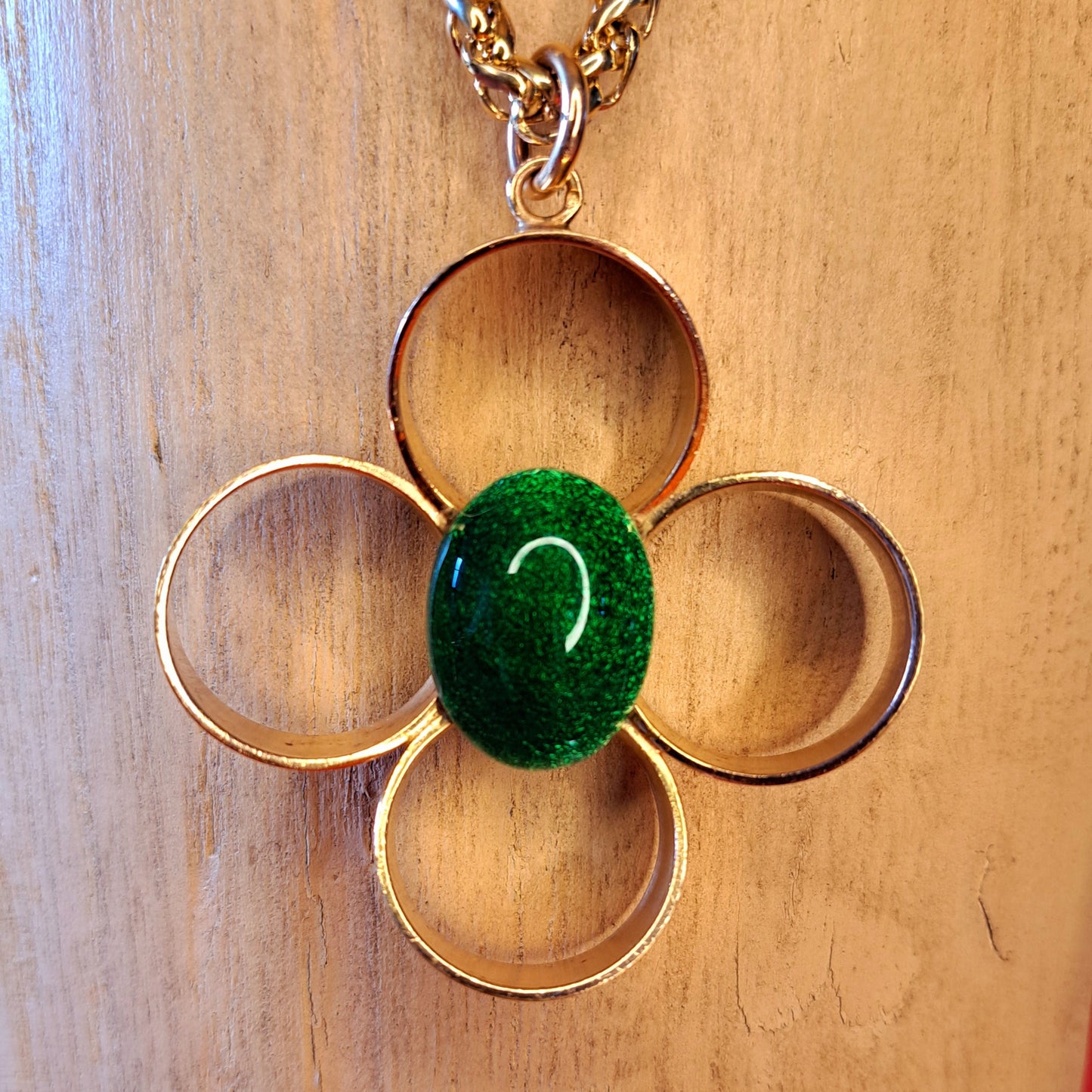 Vintage Collier Long Fleur Géométrique & Émail Vert Vif