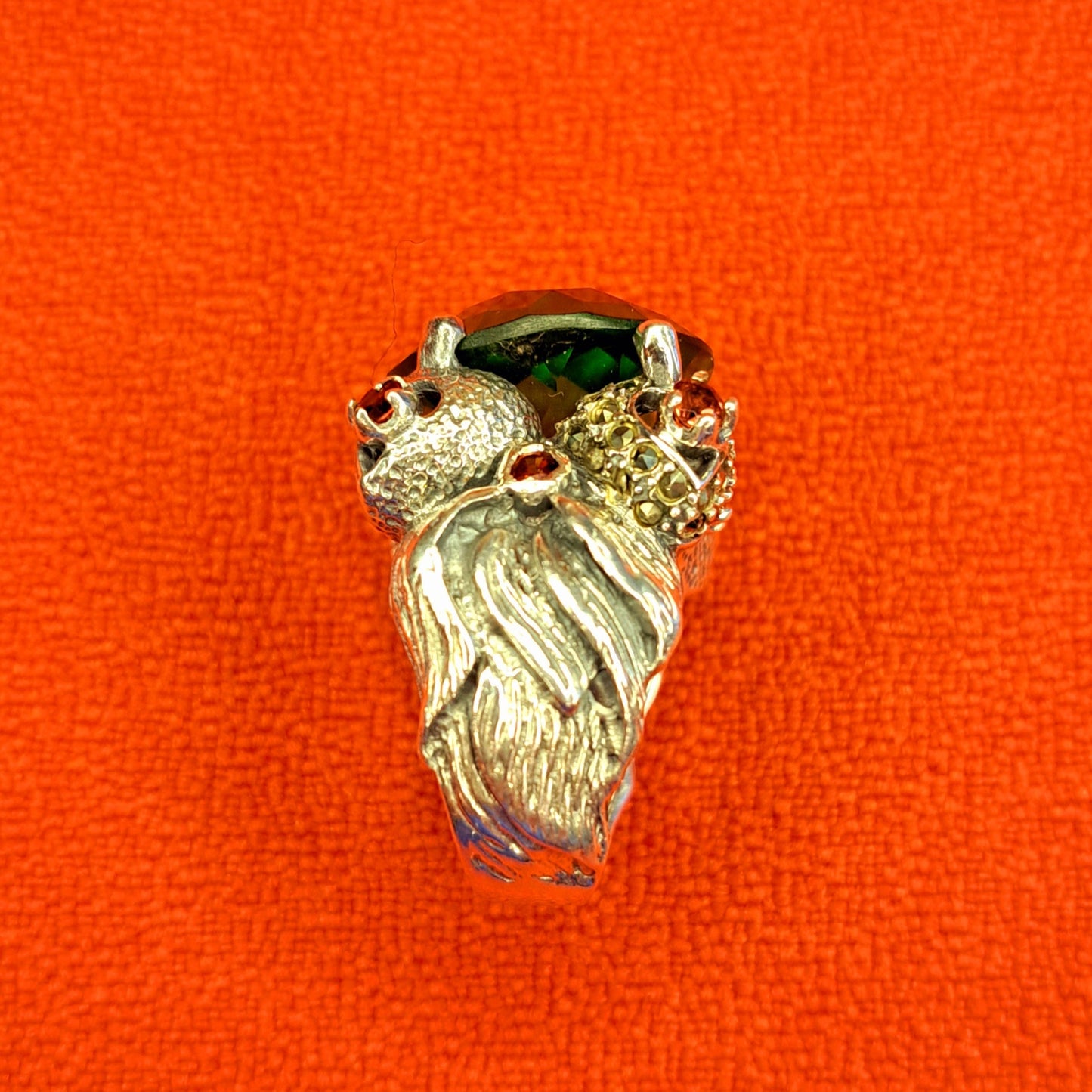 Vintage Bague en Argent 925 - Grosse Pierre Verte Facettée & Cœurs Orangés