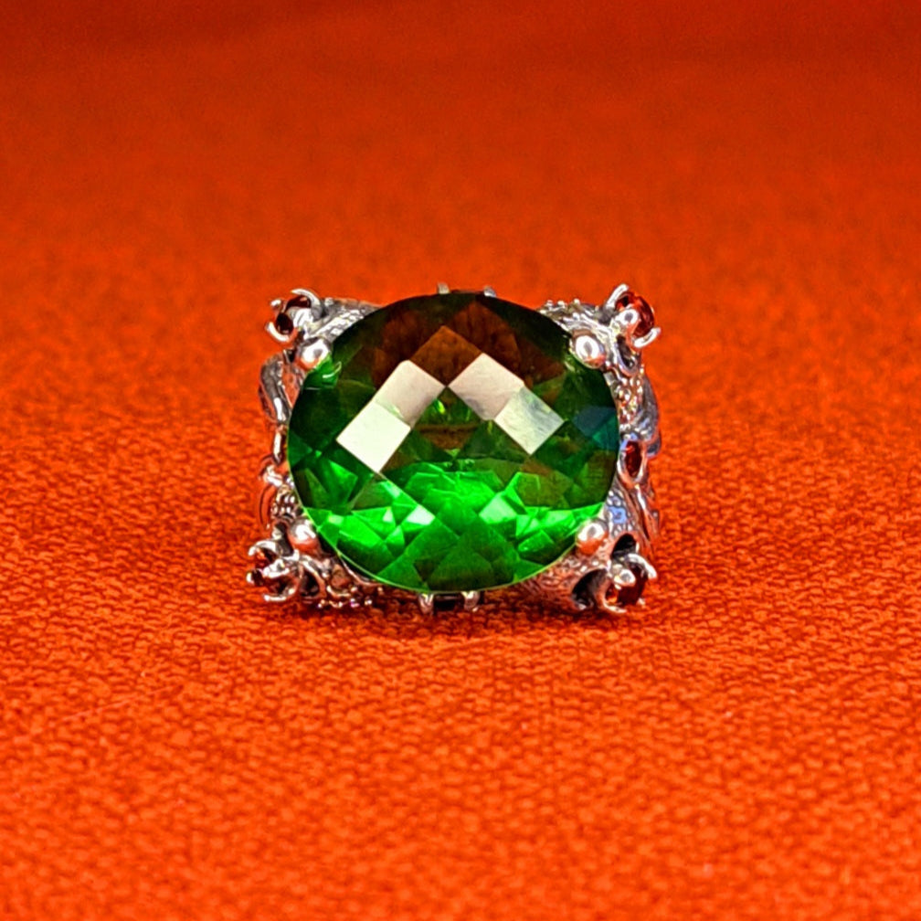 Vintage Bague en Argent 925 - Grosse Pierre Verte Facettée & Cœurs Orangés