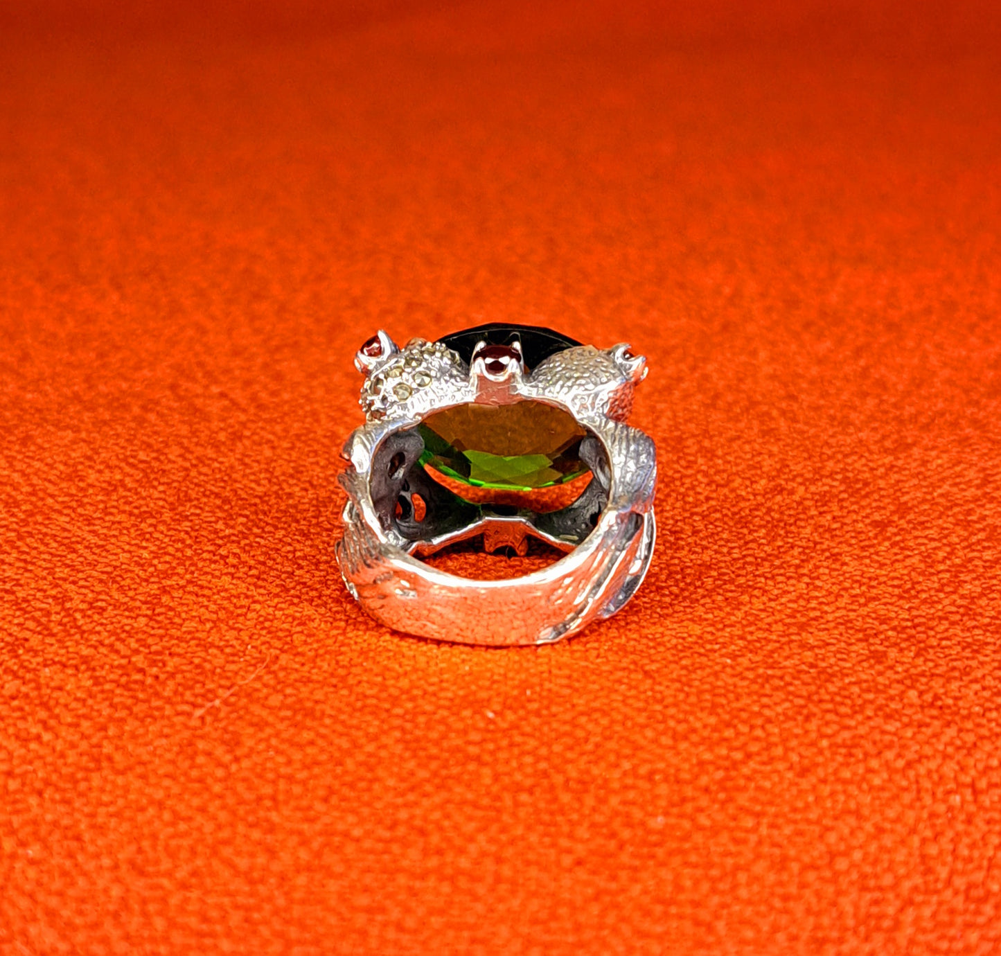 Vintage Bague en Argent 925 - Grosse Pierre Verte Facettée & Cœurs Orangés