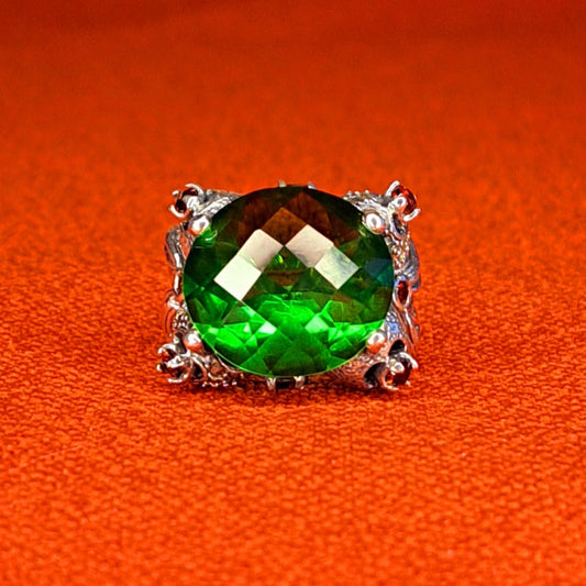 Vintage Bague en Argent 925 - Grosse Pierre Verte Facettée & Cœurs Orangés